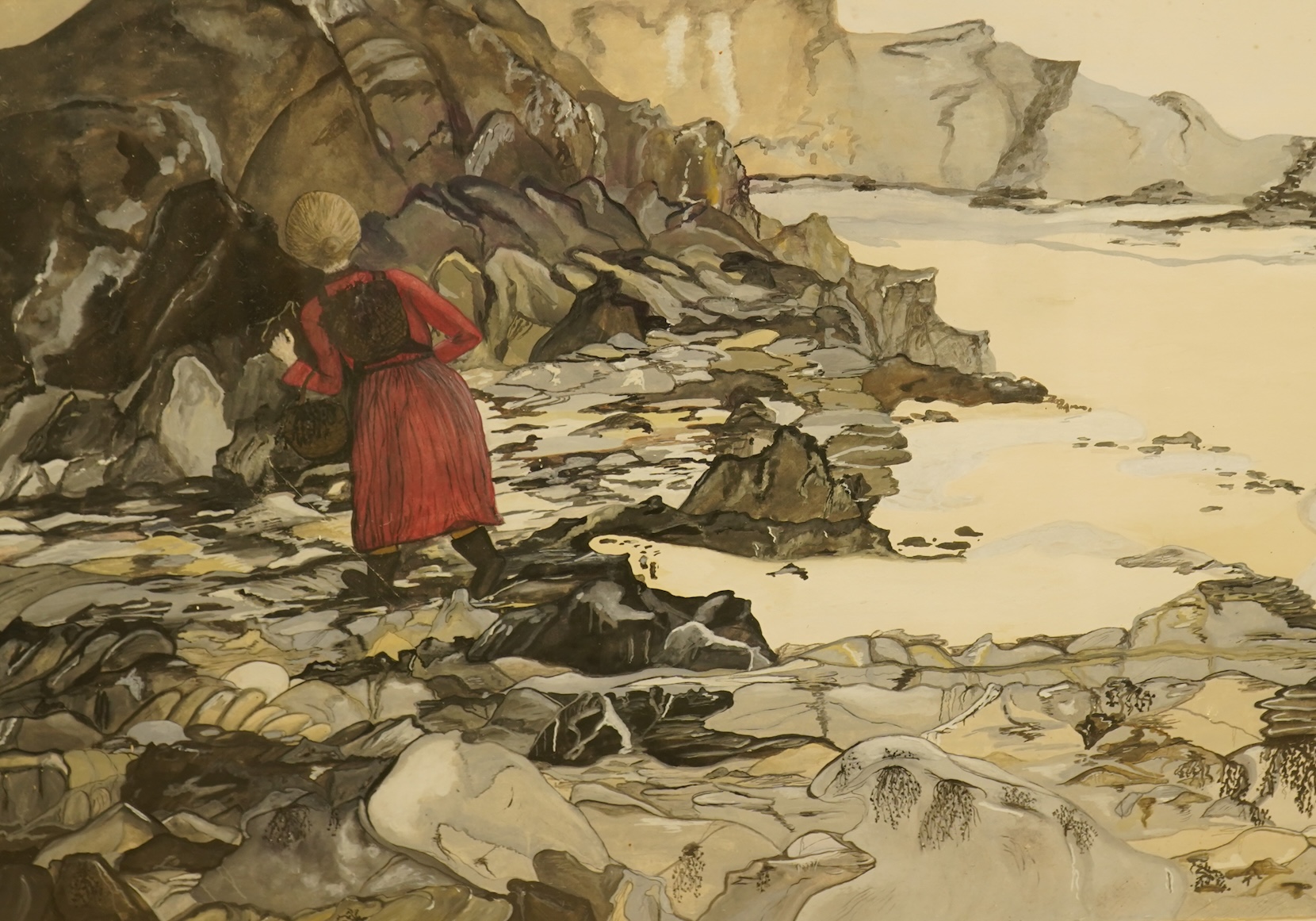 Cornish School, Woman before cliffs, indistinctly signed and dated ‘86, watercolour and gouache, 49 x 77cm